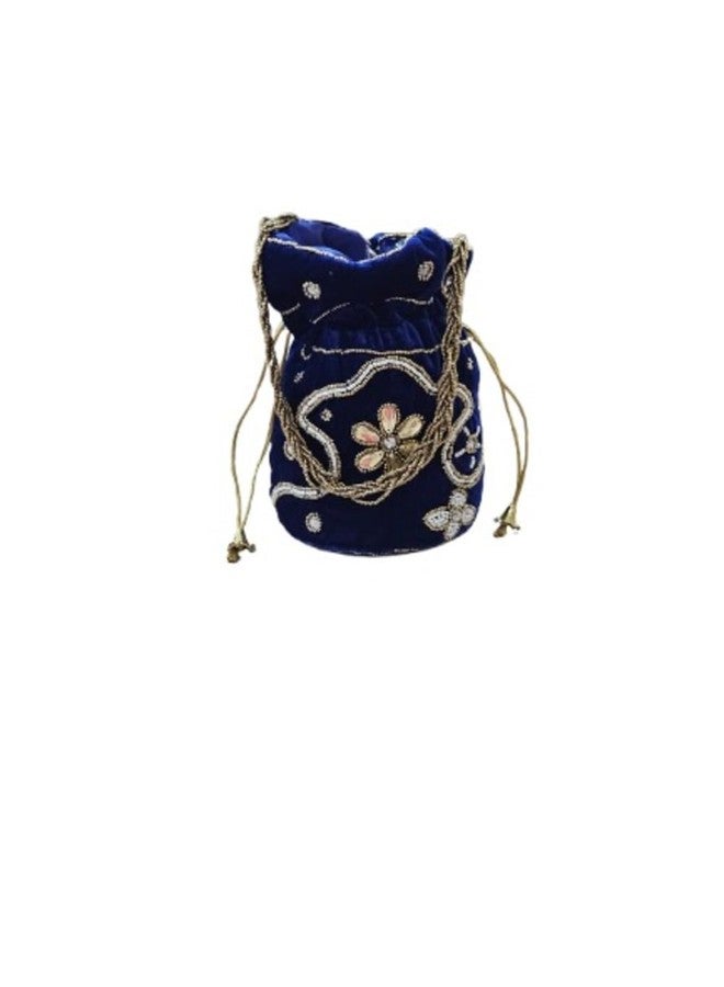 SuneshCreation Ethnic Potli Handbag with Beaded Handle, Floral Embroidery, Traditional Drawstring Purse, Velvet Wristlet (blue) - Image 1